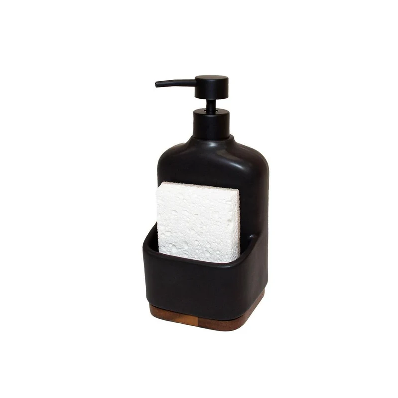 Dispensador de jabón de cerámica negro con base de acacia