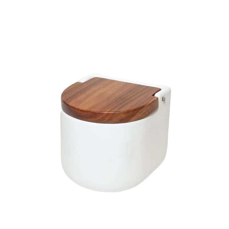Salero de cerámica blanca con tapa de acacia