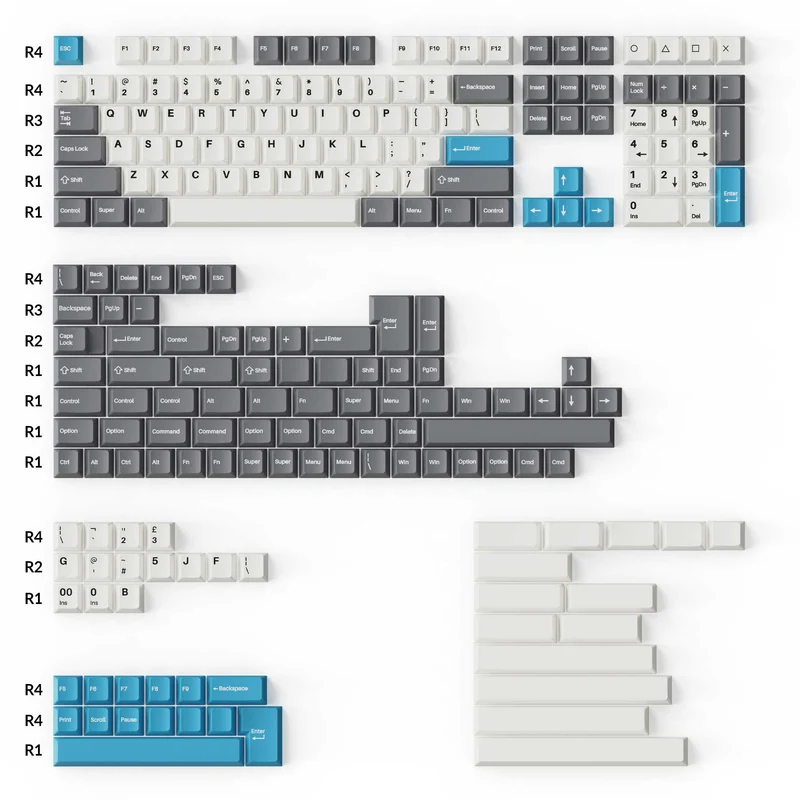 Juego completo de teclas Double-Shot PBT - Gris, Blanco y Azul