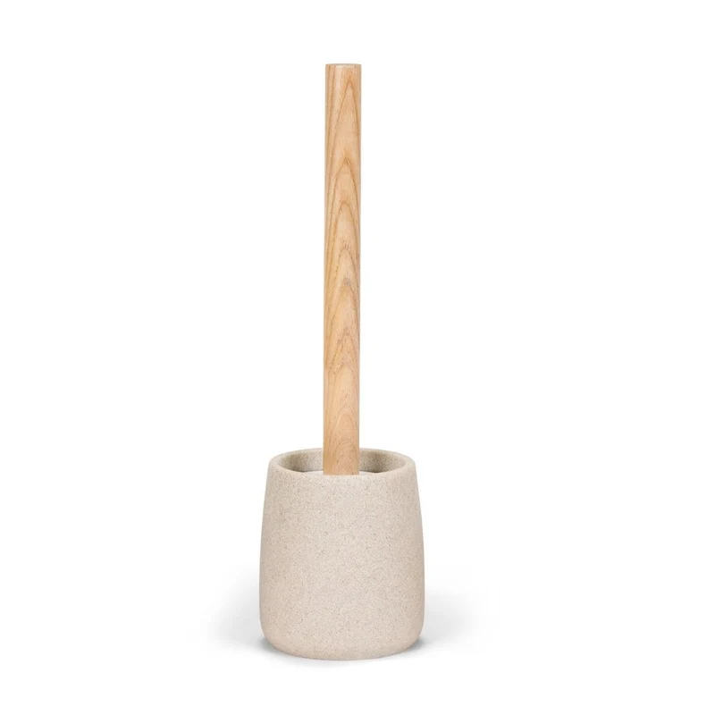 Escobilla de baño beige de arenisca y madera