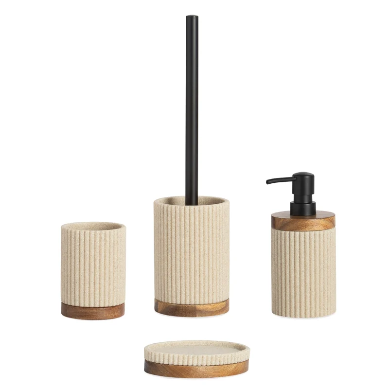 Escobilla de baño beige de madera y resina