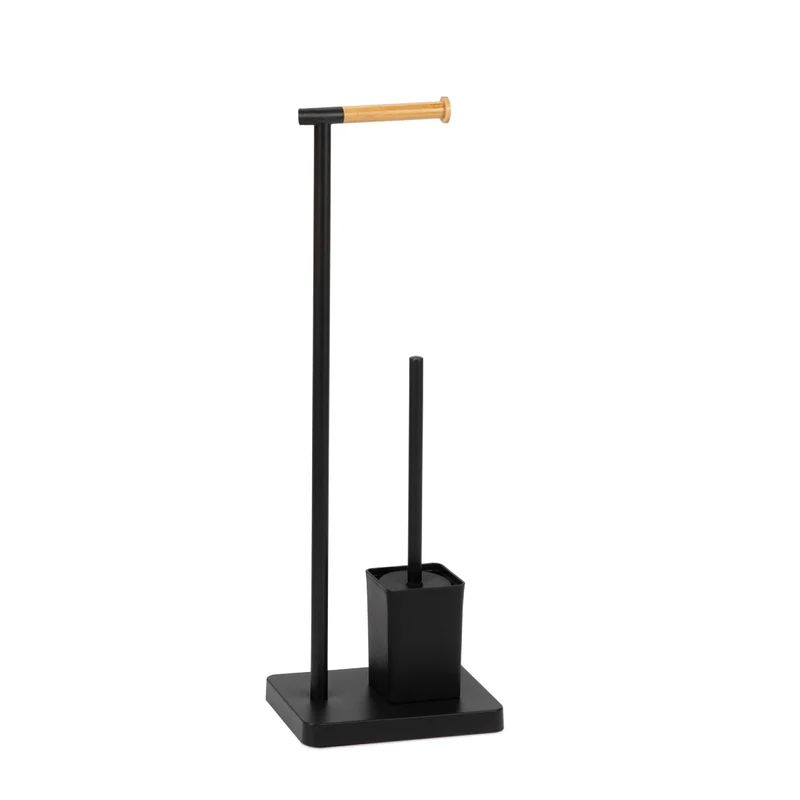 Portarrollo escobillero de baño de bambú y metal negro