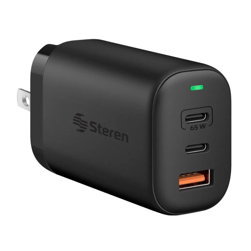 Steren Cargador de Pared 3 Puertos GaN USB-C PD 65 W / USB QC 20 W, ELI-7065