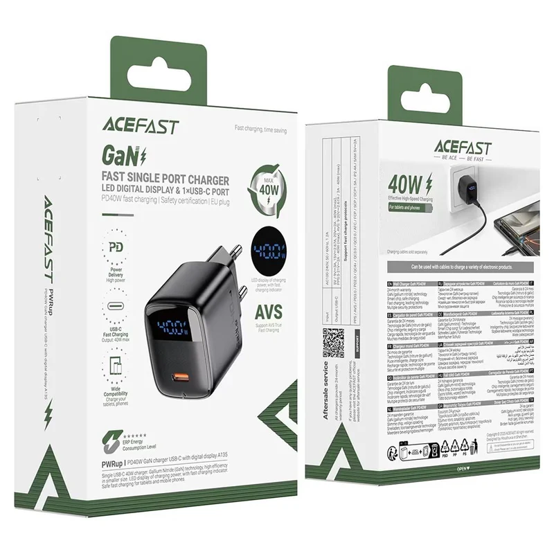 Cargador USB-C Acefast A135 Pd40w Gan Con Display Digital Negro