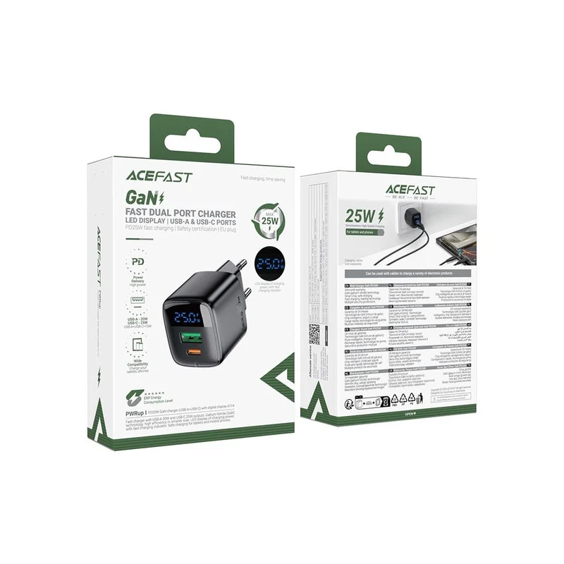 Cargador USB-C Y Usb-a Acefast A114 Pd25w Gan Con Display Digita