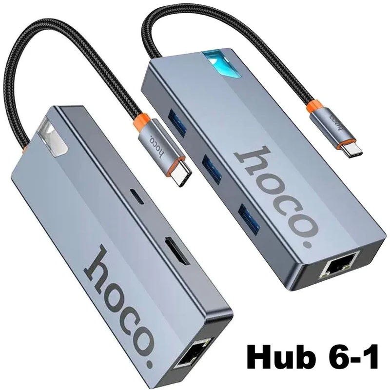 Adaptador USB-C 6-1 Hoco Hb51 HDMI + 3X USB 3.0 + Pd + Rj45