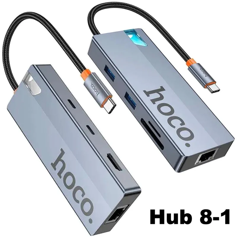 Adaptador USB-C 8-1 Hoco Hb52 HDMI + 2XUSB3.0+PD+RJ45+MICROSD/SD