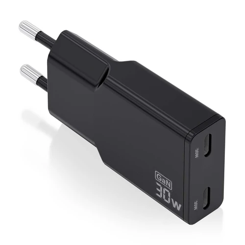 Cargador Gan Ultra Delgado 30W, 2XUSB-C Pd3.0 Qc4.0, Negro