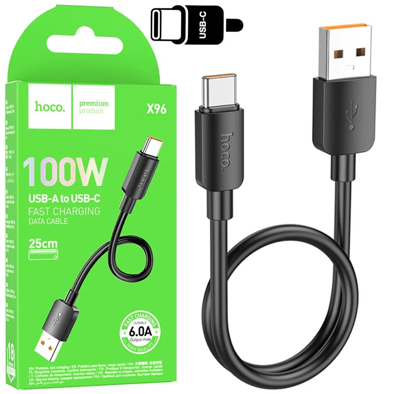 Hoco Cable USB A USB-C 0.25 Metros 100W Hoco X96 Negro