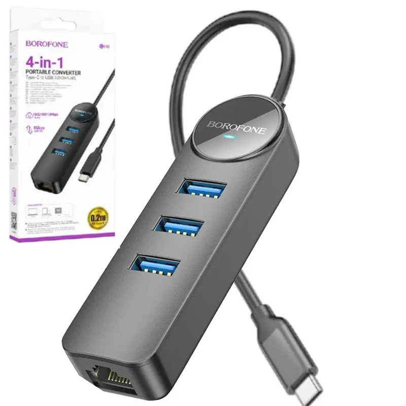 Borofone Dh6 Hub USB-C Con 3 Puertos USB 3.0 Y Rj45 1000/100