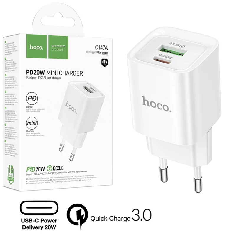 Hoco C147a Cargador USB Qc3.0 Y USB-C Pd 20W Blanco