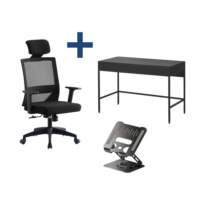 Combo Silla de Oficina Axton + Escritorio Metálico + Soporte para Tablet Metálico L35